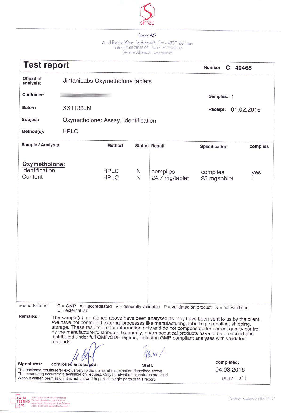 Jintani Oxymetholone (Batch MN1133JN)