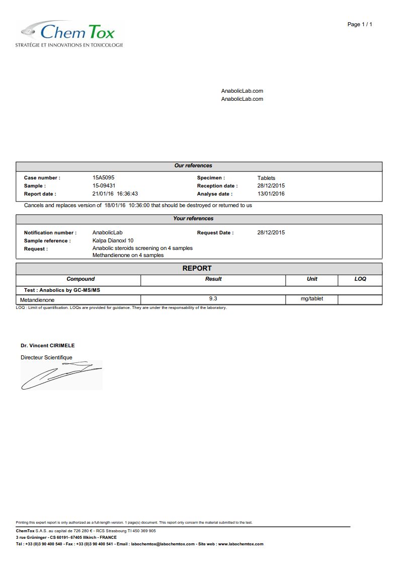 Kalpa Pharma Dianoxyl 10 lab report (January 21, 2016)