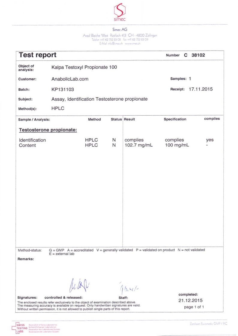 Kalpa Pharma Testoxyl Propionate 100 lab report (December 21, 2015)