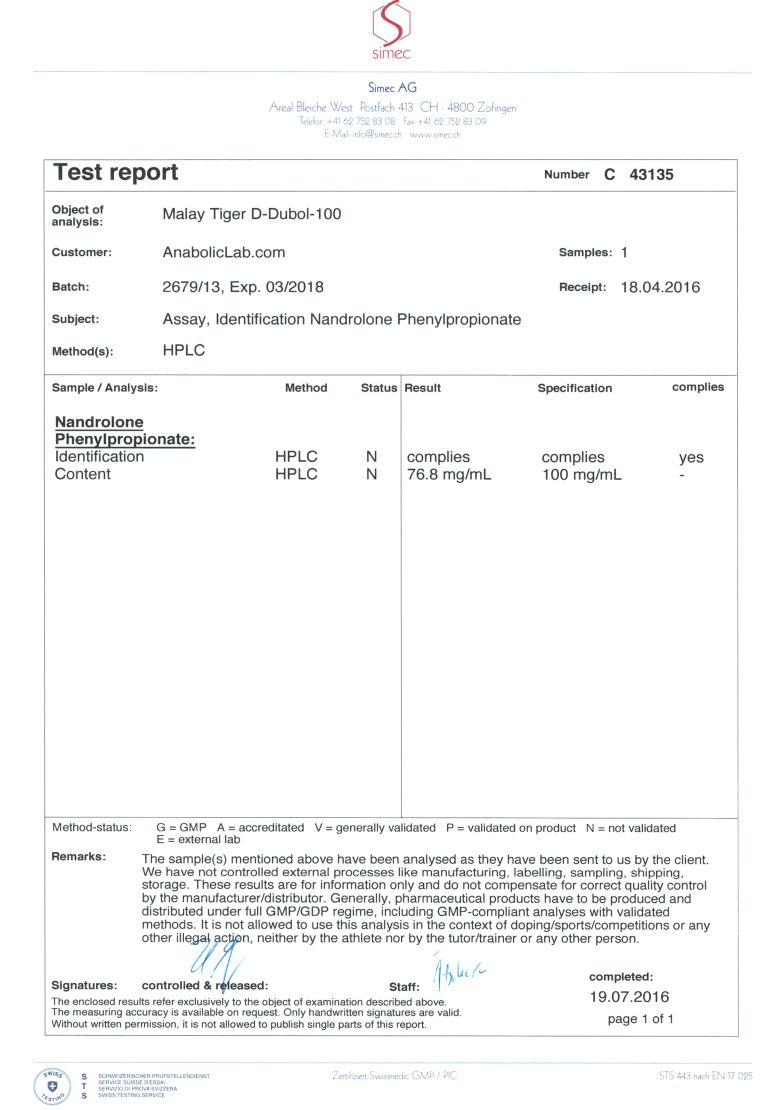 Malay Tiger D-Dubol-100 lab report (July 19, 2016)