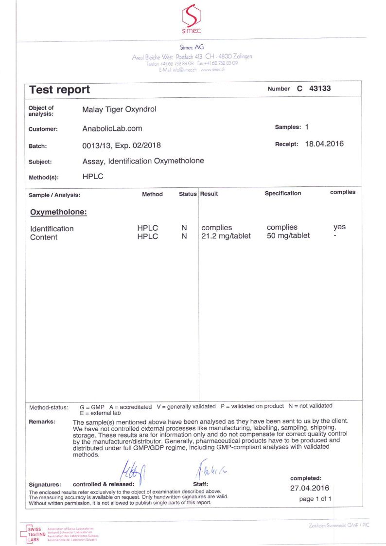 Malay Tiger Oxyndrol lab report (April 27, 2016)