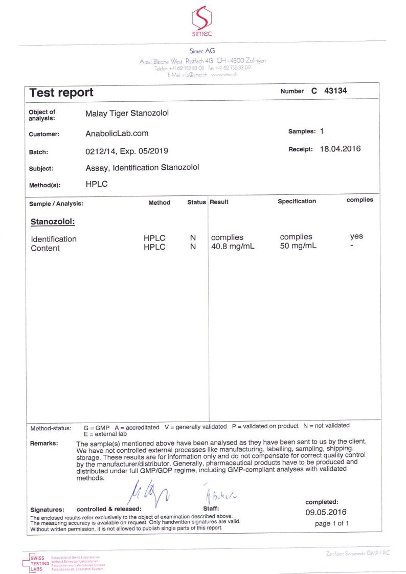 Malay Tiger Stanozolol lab report (May 9, 2016)