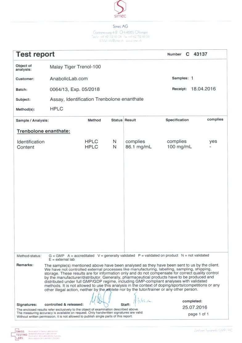 Malay Tiger Trenol-100 lab report (July 25, 2016)