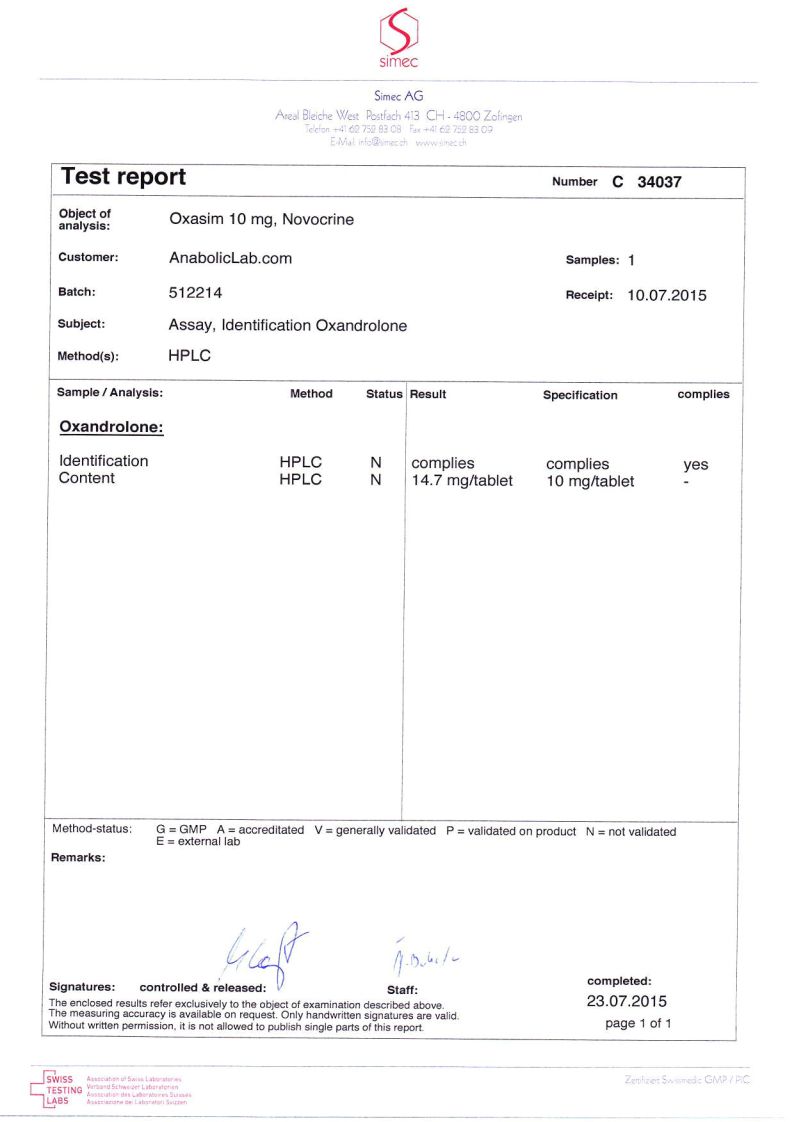 Novocrine Oxasim lab report (July 23, 2015)