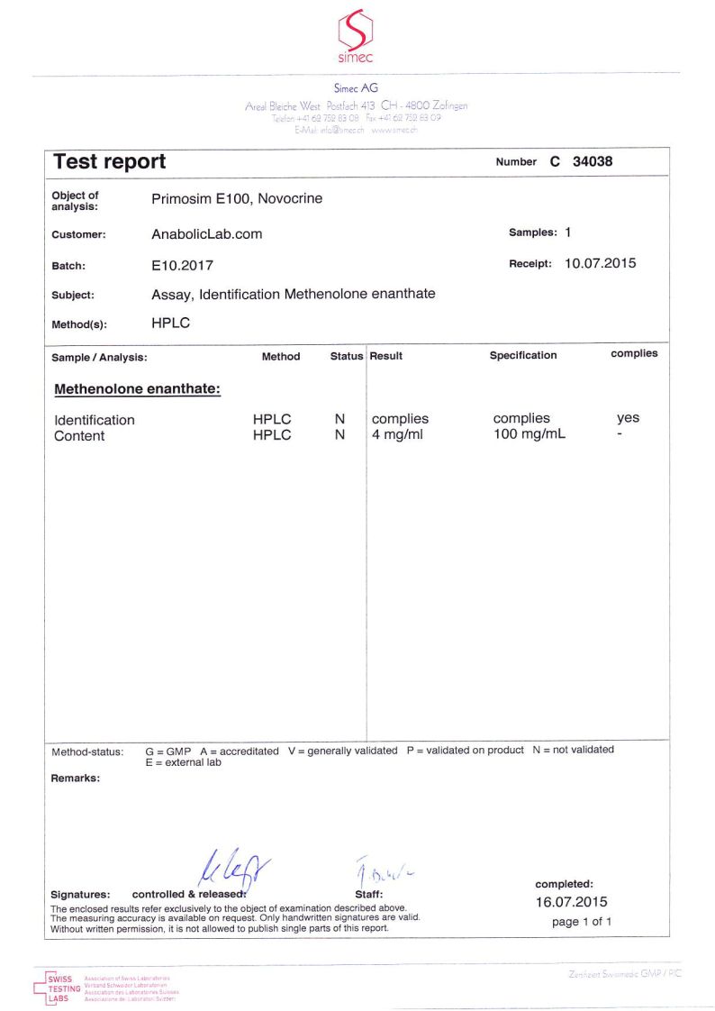 Novocrine Primosim E100 lab report (July 16, 2015)