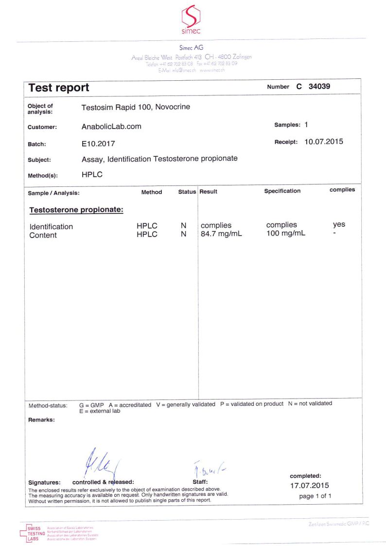 Novocrine Testosim Rapid 100 lab report (July 17, 2015)