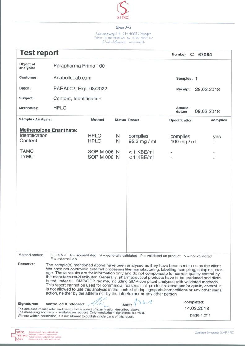 ParaPharma Primo 100 lab report (March 14, 2018)