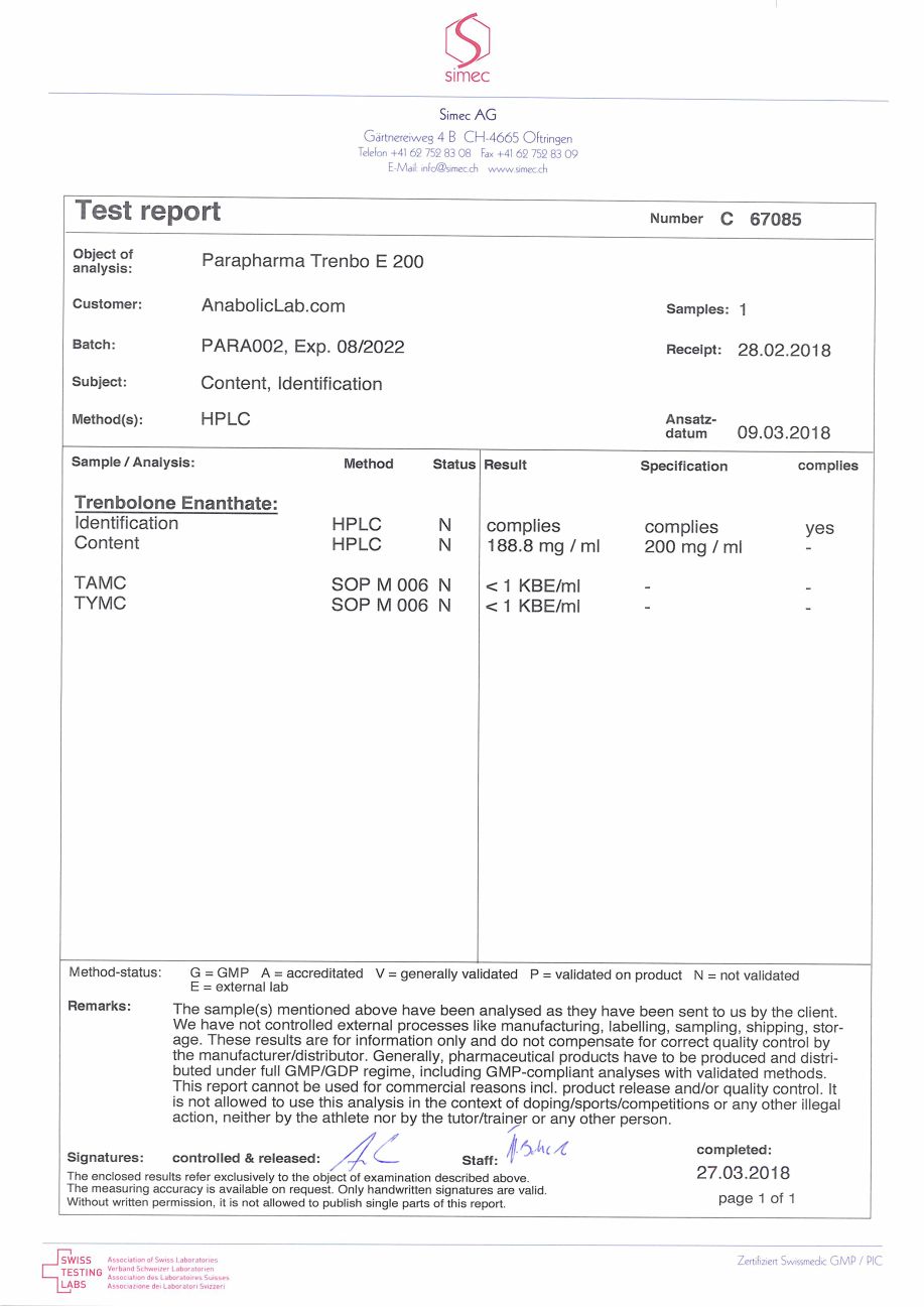 ParaPharma Trenbo E 200 lab report (March 27, 2018)