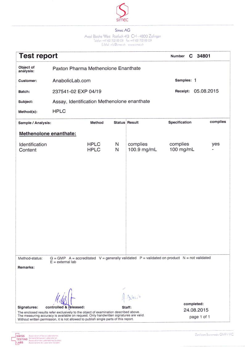 Paxton Pharmaceuticals Methenolone Enanthate lab report (August 24, 2015)