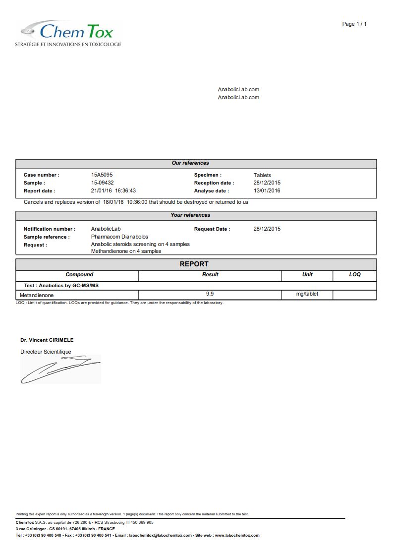 Pharmacom Dianabolos lab report (January 21, 2016)