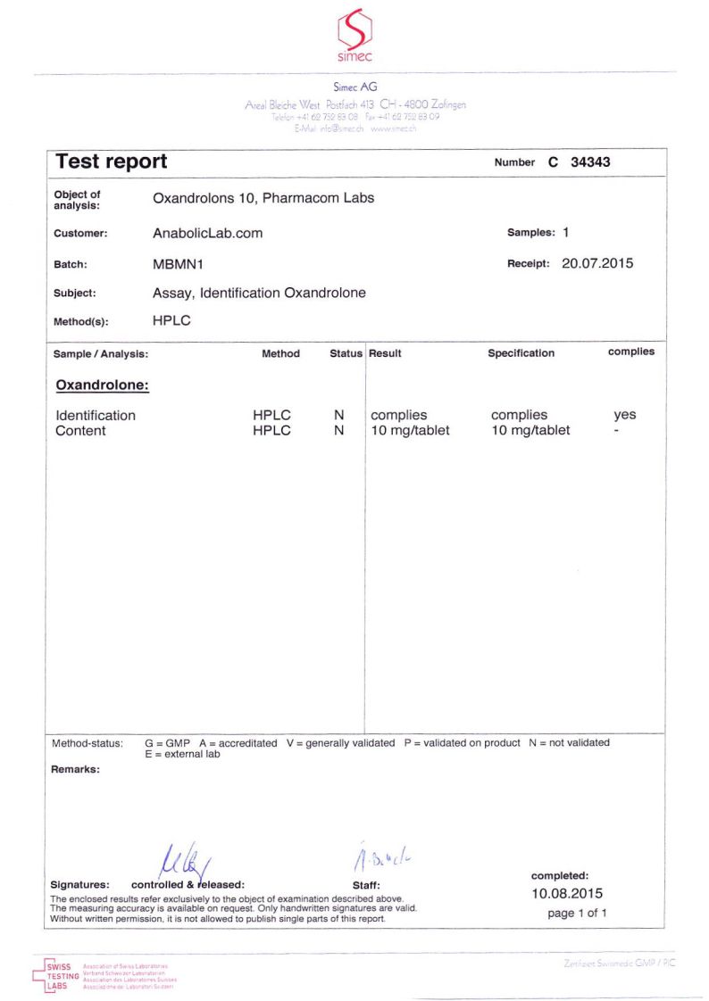 Pharmacom Labs Oxandrolons 10 lab report (August 10, 2015)