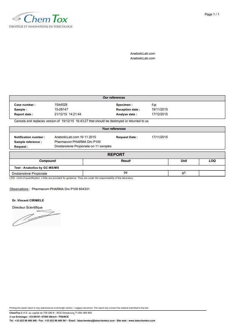 Pharmacom Labs PHARMA Dro P100 lab report (December 21, 2015)