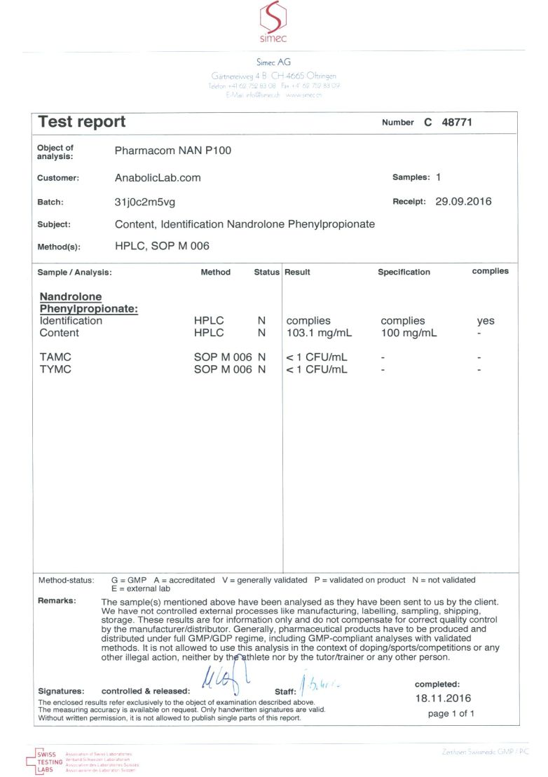 Pharmacom Labs PHARMA Nan P100 lab report (November 18, 2016)