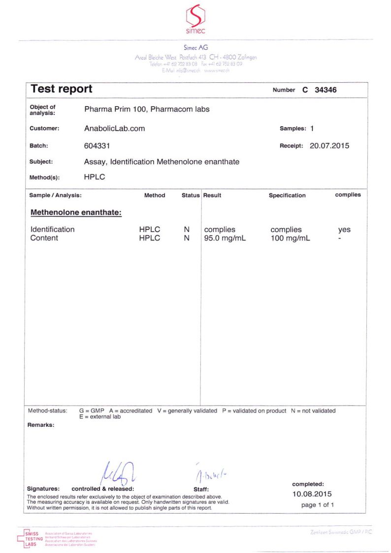 Pharmacom Labs PHARMA Prim 100 lab report (August 10, 2015)