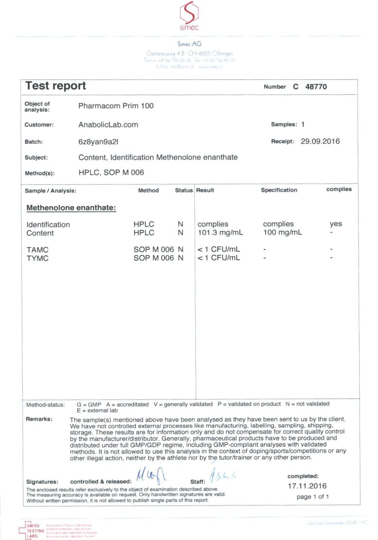 Pharmacom Labs PHARMA Prim 100 lab report (November 17, 2016)