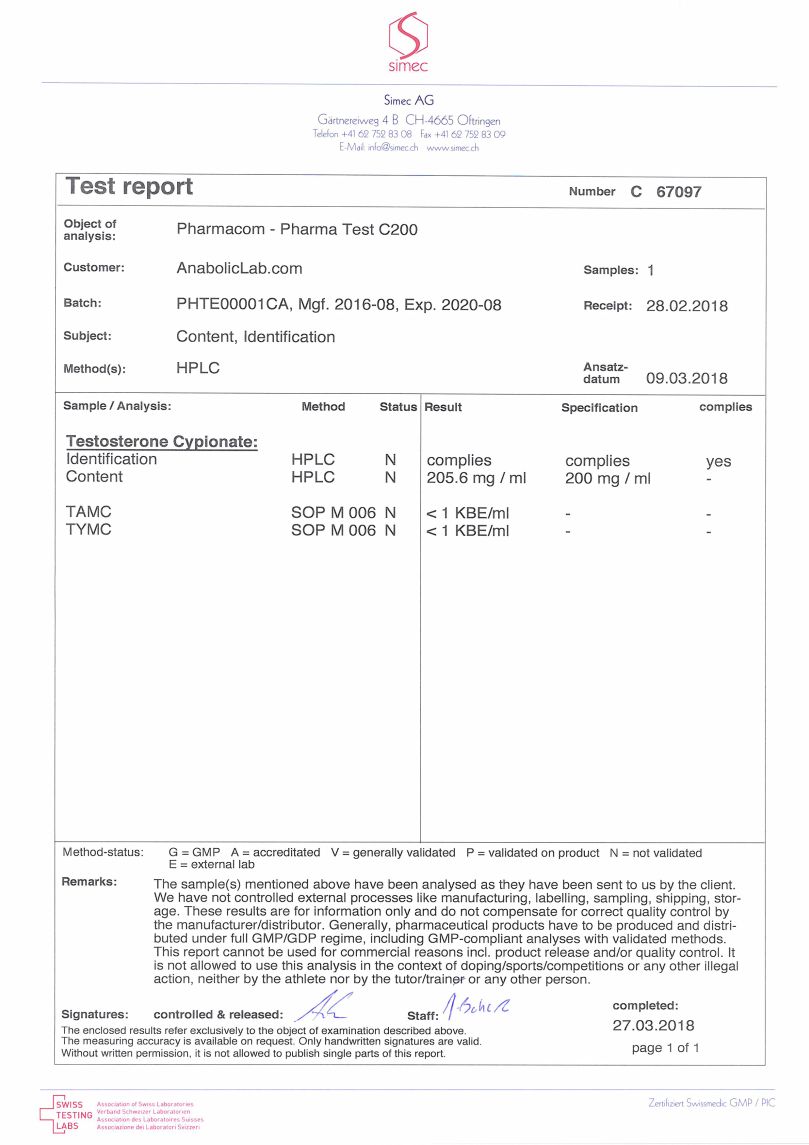 Pharmacom Labs PHARMA Test C200 lab report (March 27, 2018)