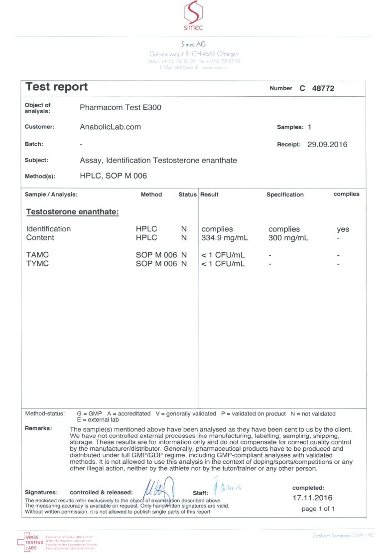 Pharmacom Labs PHARMA Test E300 lab report