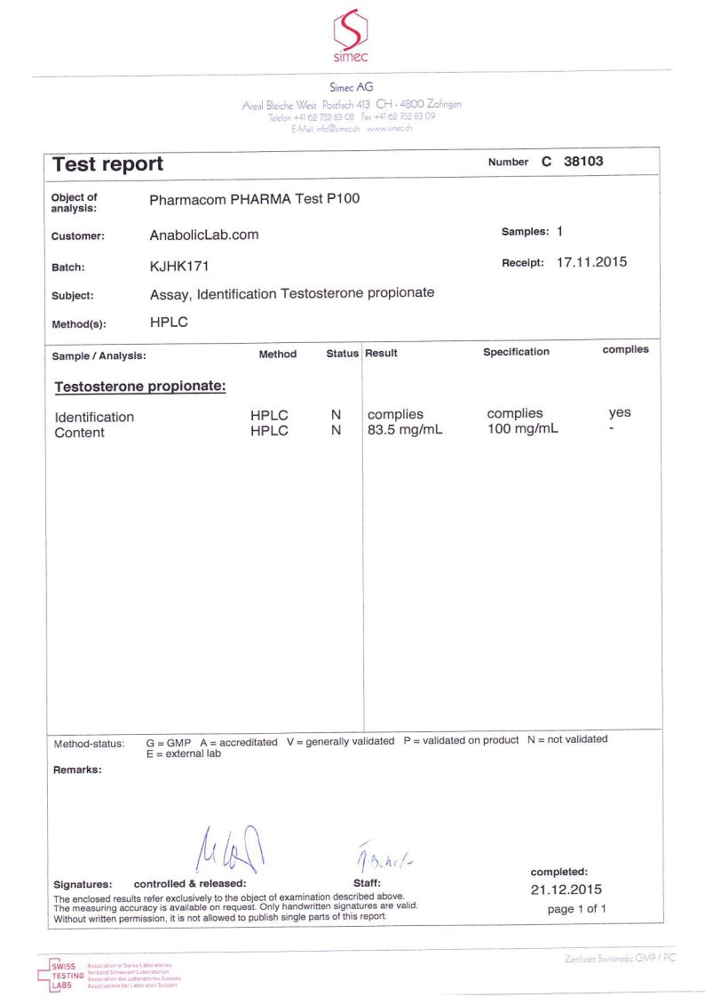 Pharmacom Labs PHARMA Test P100 lab report (December 21, 2015)