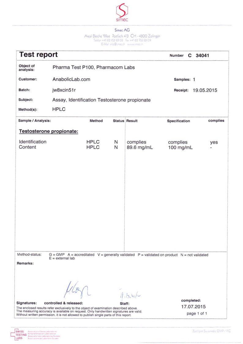 Pharmacom Labs PHARMA Test P100 lab report (July 17, 2015)