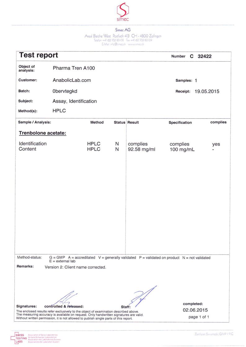 Pharmacom Labs PHARMA Tren A100 lab report (January 21, 2016)