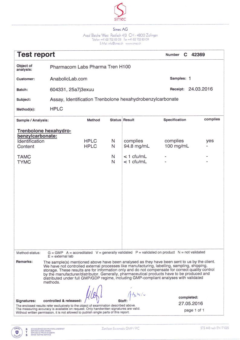 Pharmacom Labs PHARMA Tren H100 lab report (May 27, 2016)