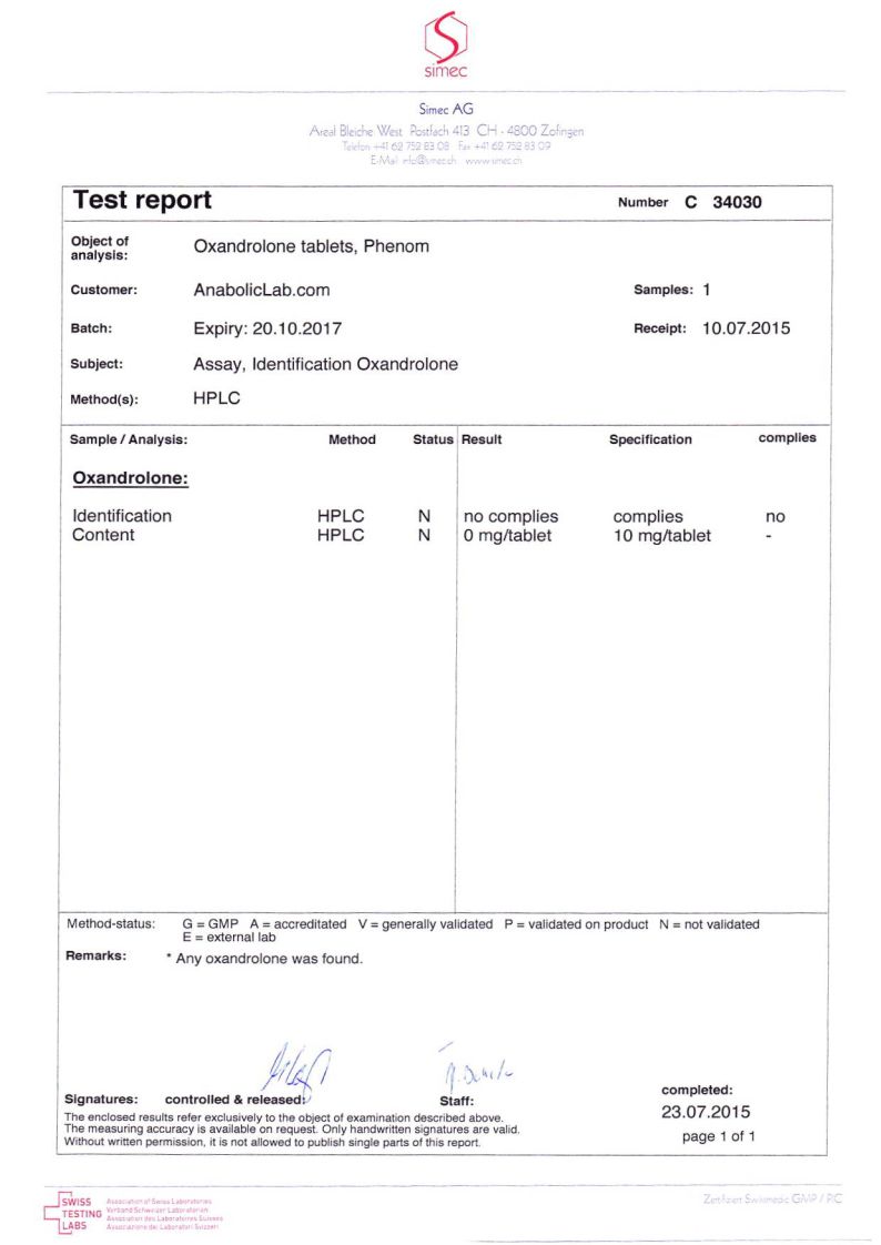 Phenom Pharmacy Oxandrolone lab report (July 23, 2015)