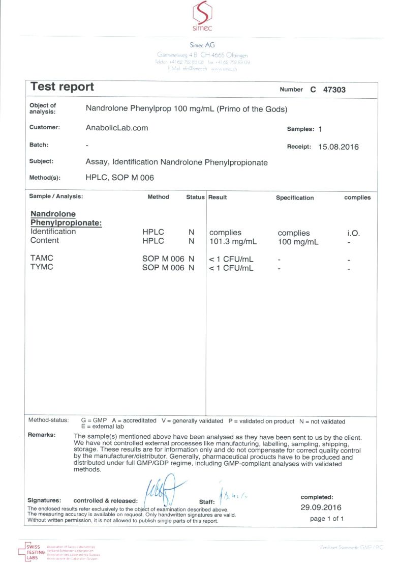 Primo of the Gods Nandrolone Phenylprop lab report (September 29, 2016)