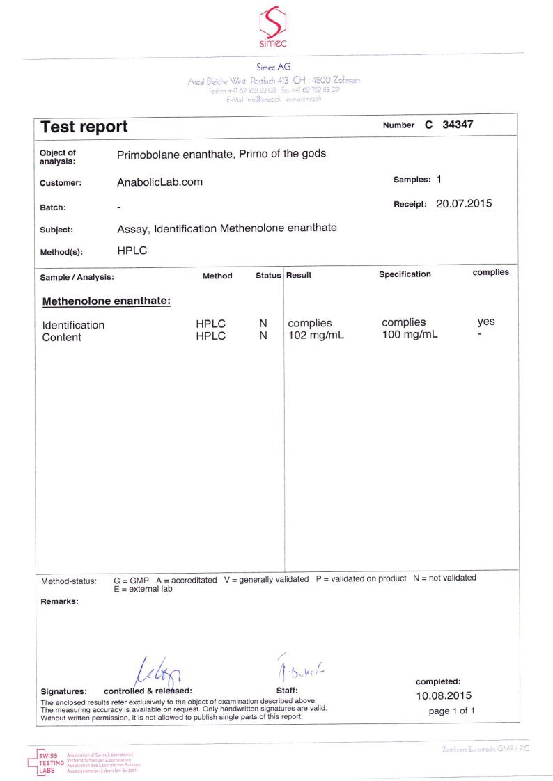 Primo of the Gods Primobolan Enanthate lab report (August 10, 2015)