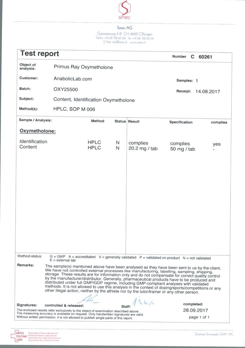 Primus Ray Laboratories Oxymetholone Lab Report (September 28, 2017)