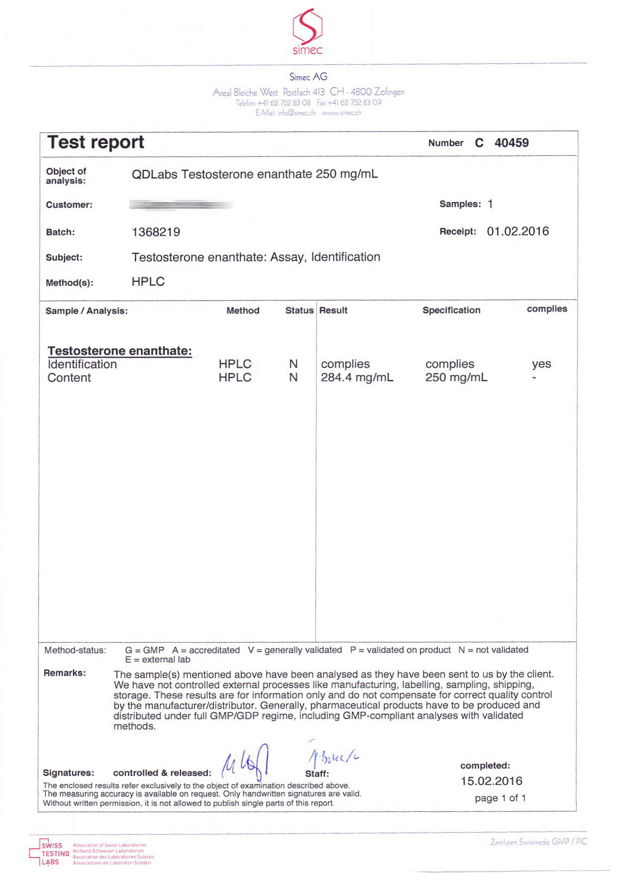 QD Labs Enanthate 250 (Batch 1368219)