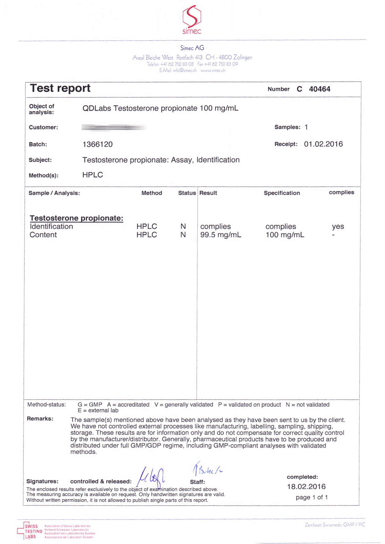 QD Labs Propionate 100 (Batch 1366120)