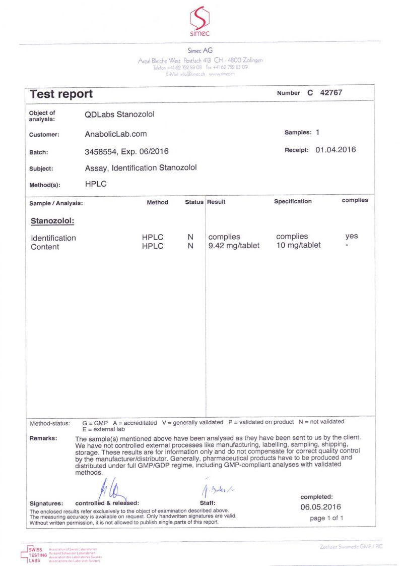 QD Labs Stanozolol lab report (May 6, 2016)