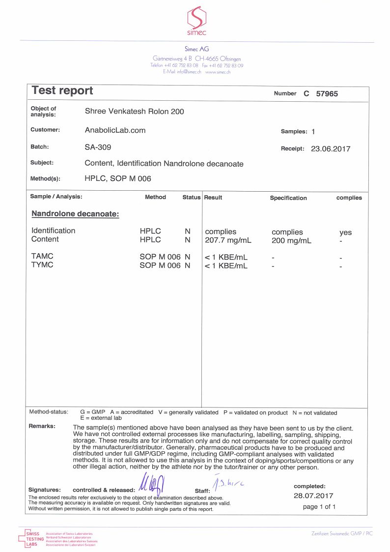 Shree Venkatesh Rolon 200 lab report (July 28, 2017)