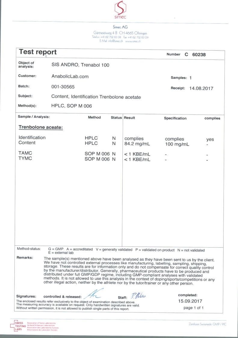 SIS Laboratories ANDRO Trenabol 100 lab report (September 15, 2017)