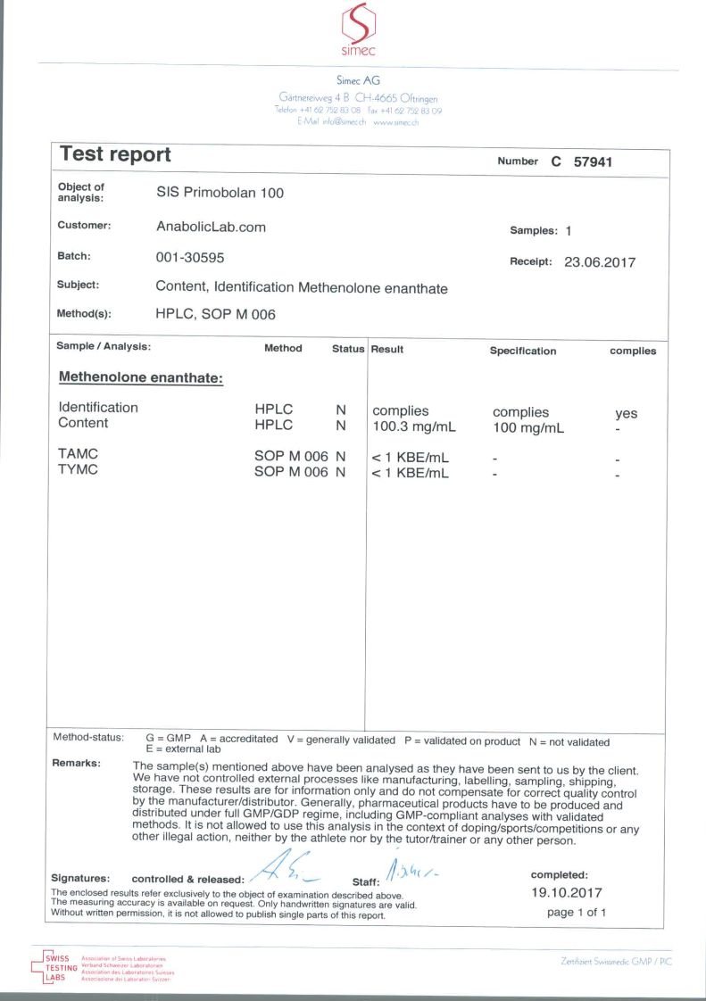 SIS Laboratories Primobolan 100 lab report (October 19, 2017)