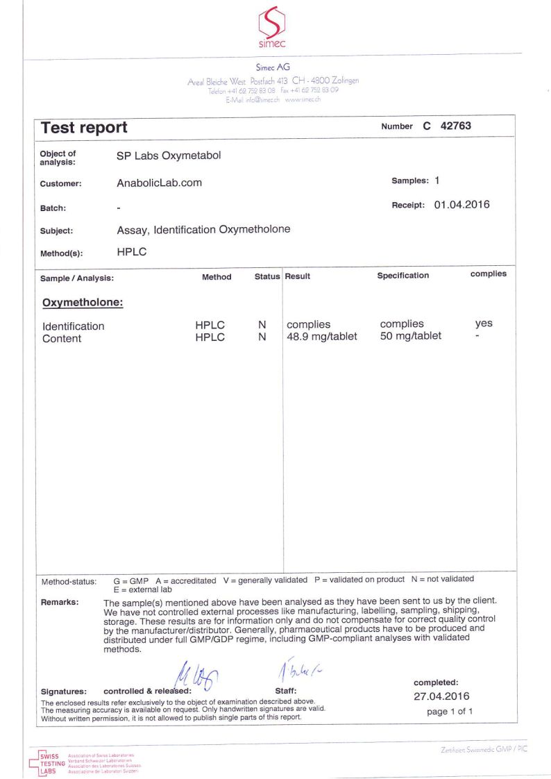 SP Laboratories Oxymetabol Lab Report (April 27, 2016)