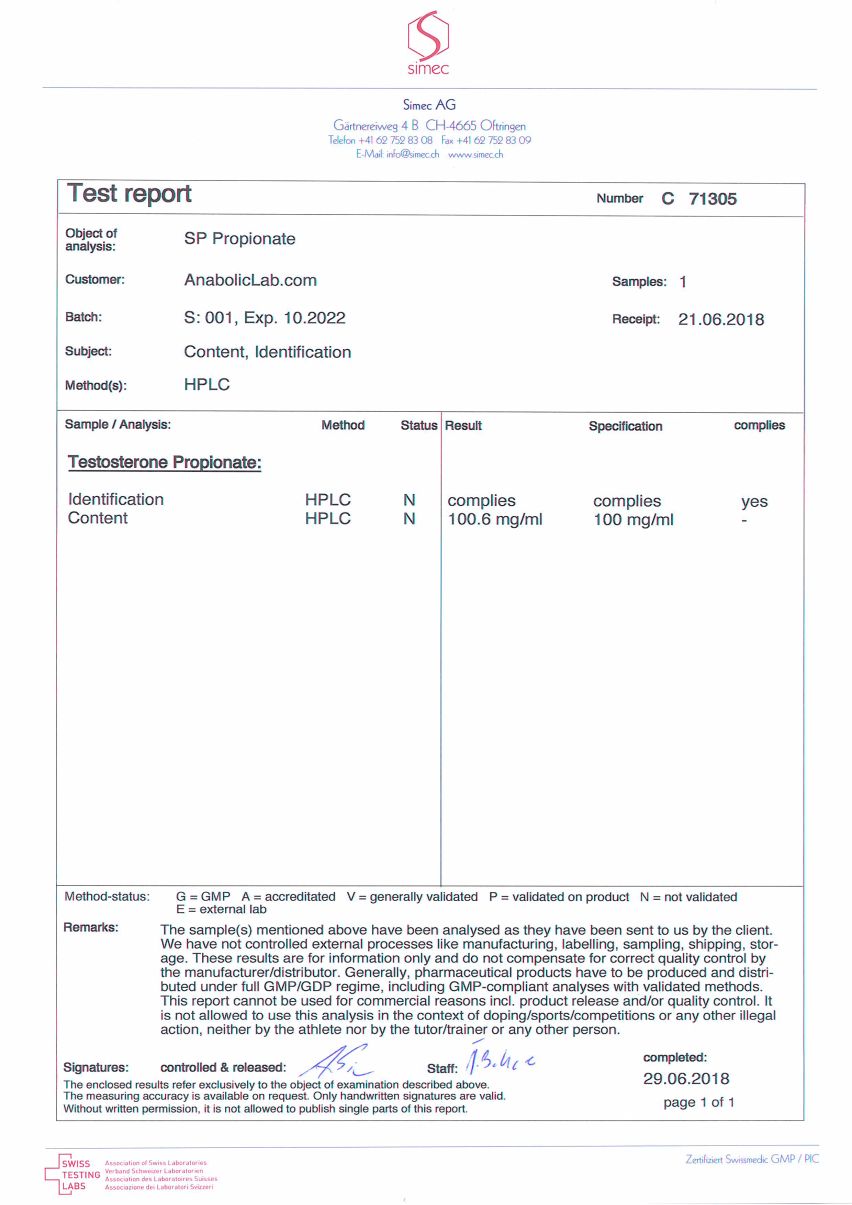 SP Labs SP Propionate lab report (June 29, 2018)