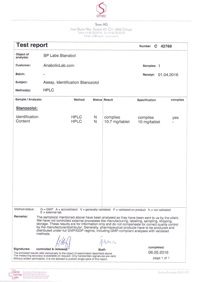 SP Labs Stanozol lab report (May 6, 2016)