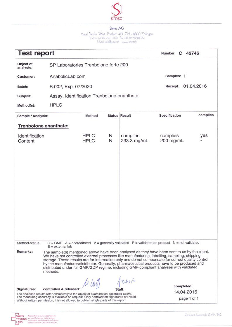 SP Labs Trenbolone Forte 200 lab report (April 14, 2016)