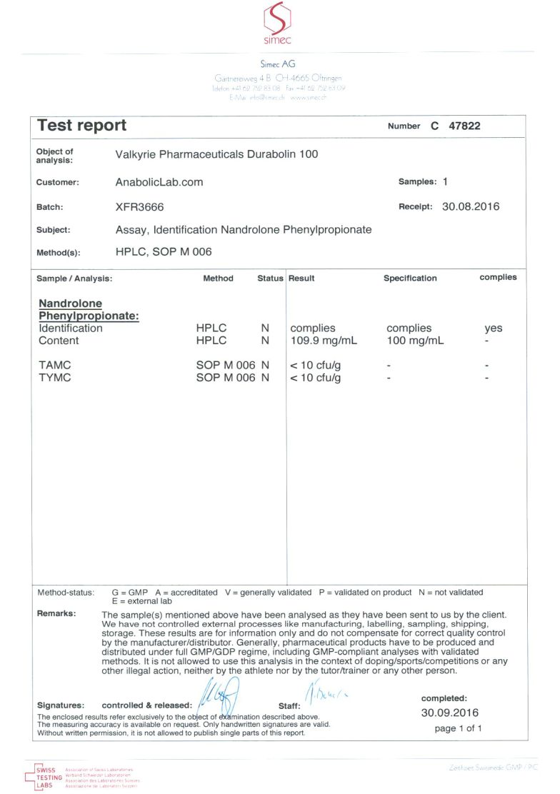 Valkyrie Pharma Durabolin 100 lab report (September 30, 2016)