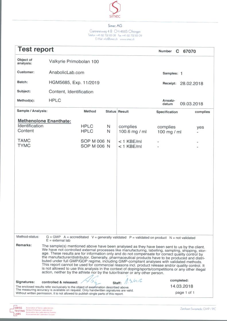 Valkyrie Pharma Primobolan 100 lab report (March 14, 2018)