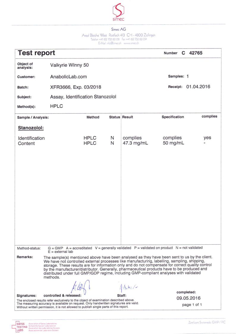 Valkyrie Pharma Winny 50 lab report (May 9, 2016)