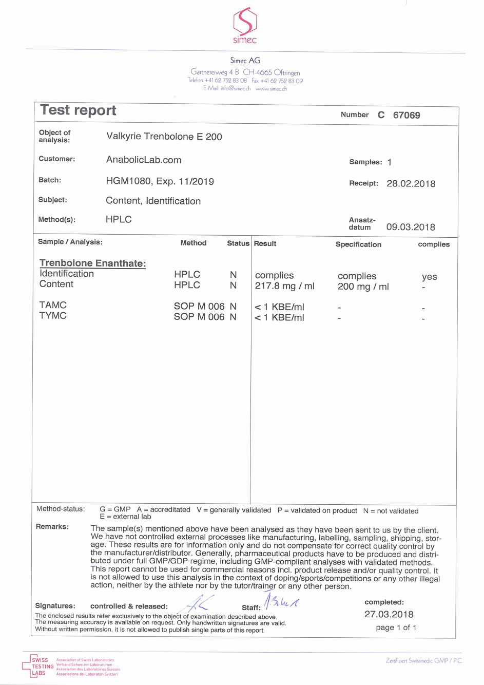 Valkyrie Pharmaceutical Trenbolone E 200 lab report (March 27, 2018)