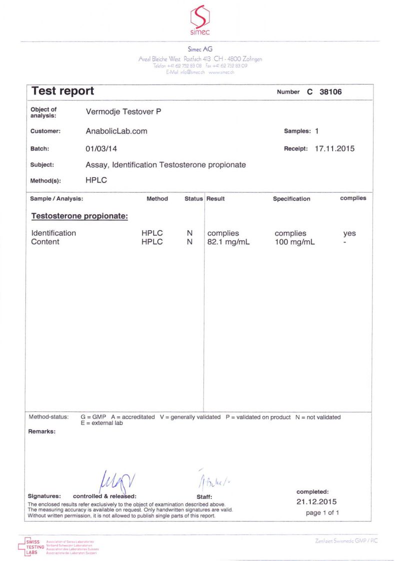 Vermodje Testosterone Propionate lab report (December 21, 2015)