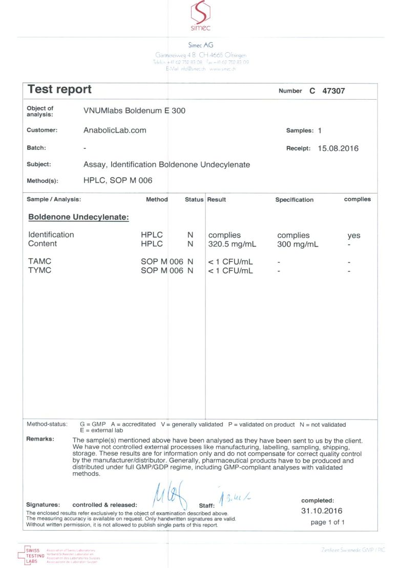 VNUM Labs Boldenum EQ 300 lab report (October 31, 2016)