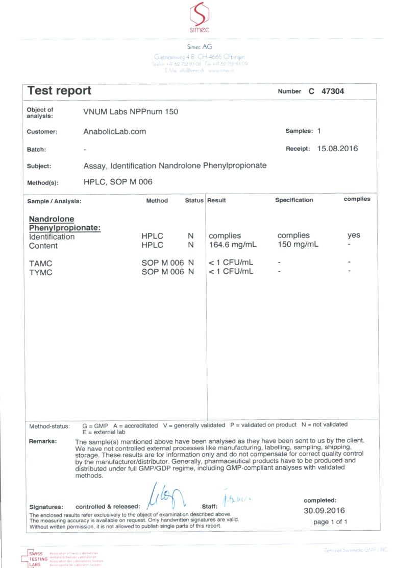 VNUM Labs NPPnum 150 lab report (September 30, 2016)