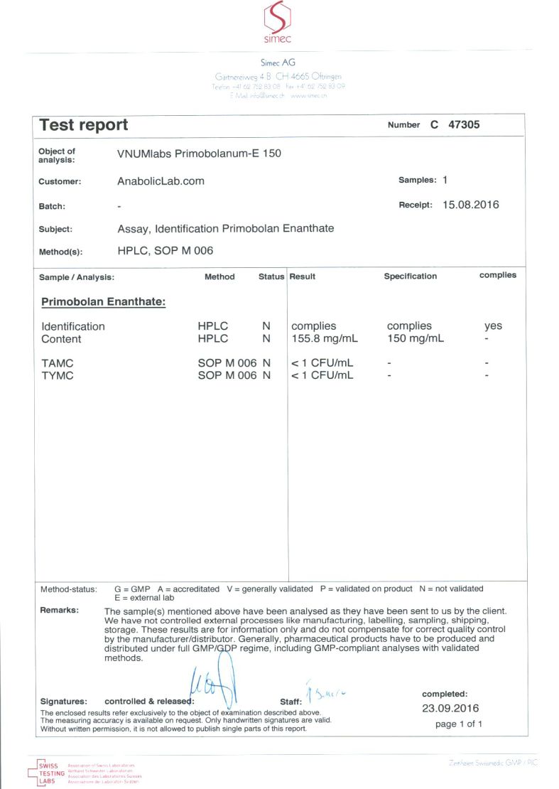 VNUM Labs Primobolanum-E 150 lab report (September 23, 2016)