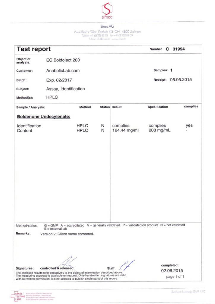 EuroChem Laboratories EC Boldoject lab report