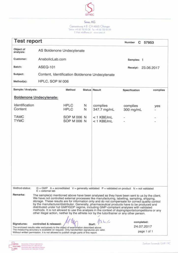 Anabolic Solutions (AS Labs) Equipoise lab report