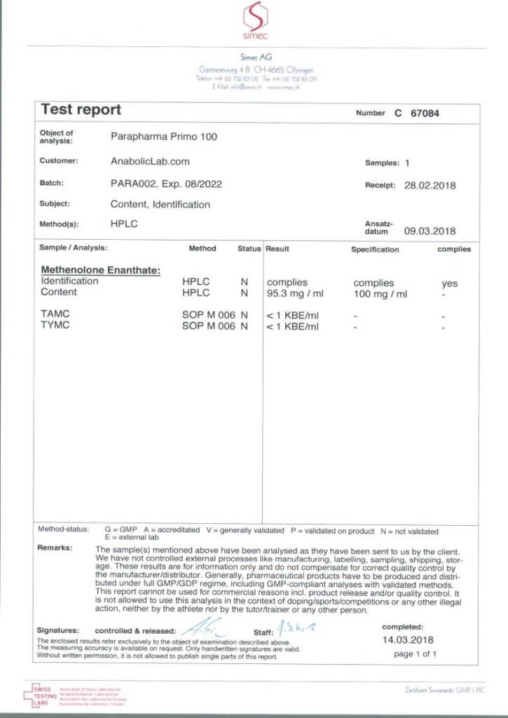 ParaPharma Primo 100 Lab Report